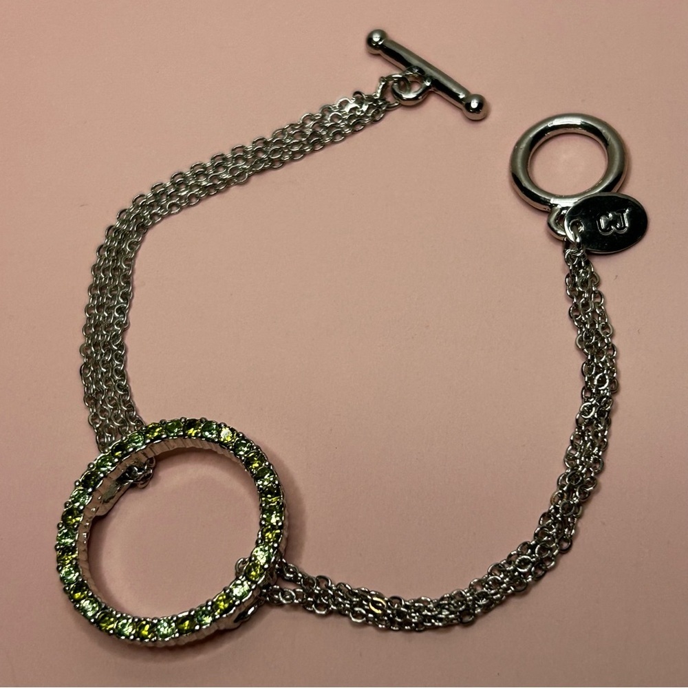 CJ Silver Tone and Green Cubic Zirconia Chain Bracelet